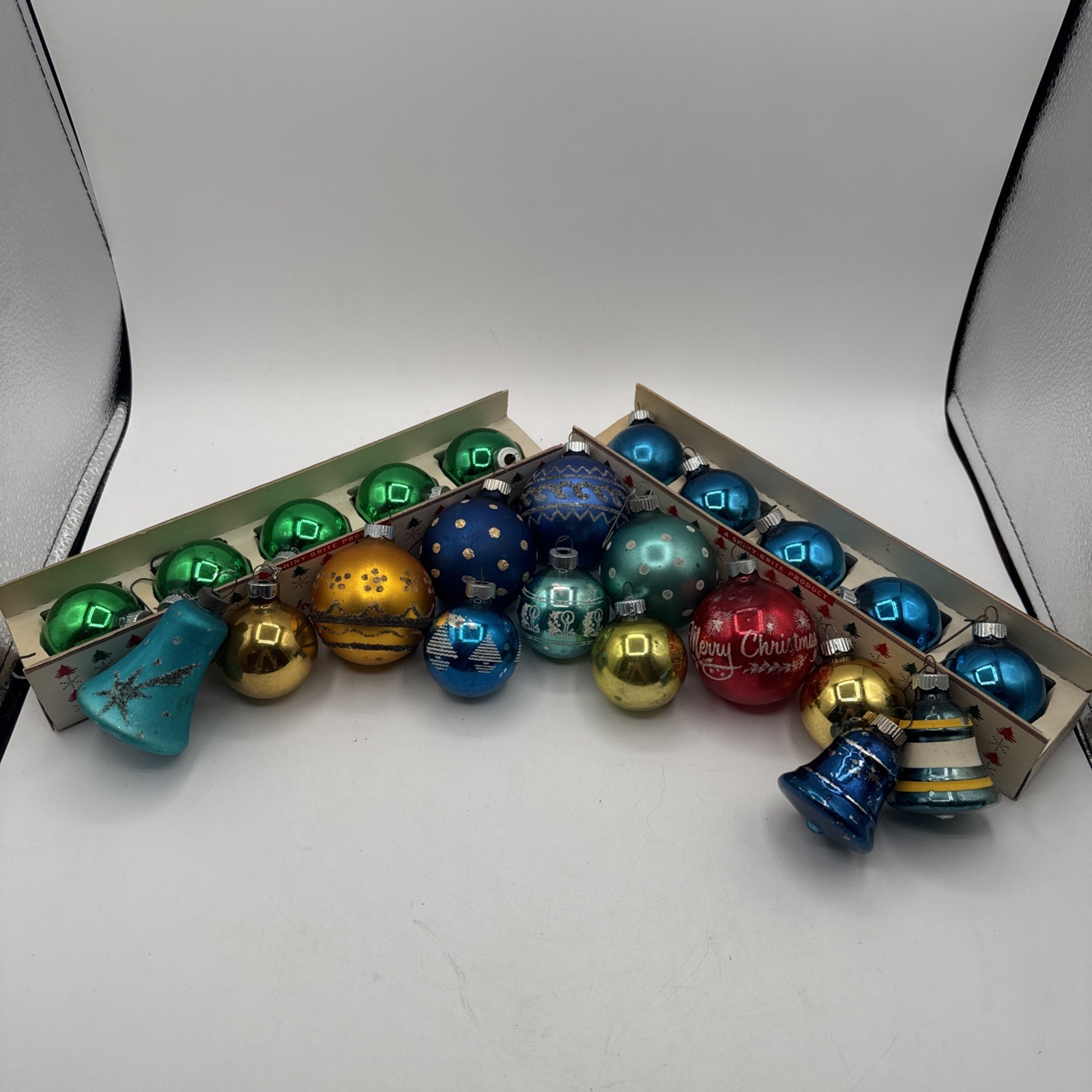 BOX of 23 Vintage SHINY BRITE Mix of Small Medium Stencil & Bell Glass Ornaments