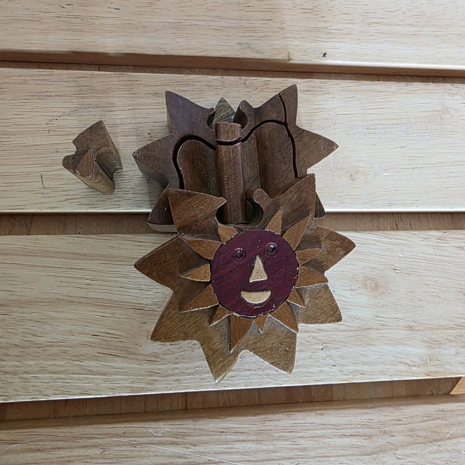 Sun Face Puzzle Box Ring/Stash/Presentation Wood Unique Carved 3×2″ Felt Lined