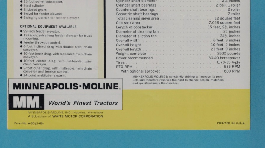 MINNEAPOLIS-MOLINE SHELLMASTER 1210 CORN SHELLER 6 PAGE FOLDOUT BROCHURE 2-66