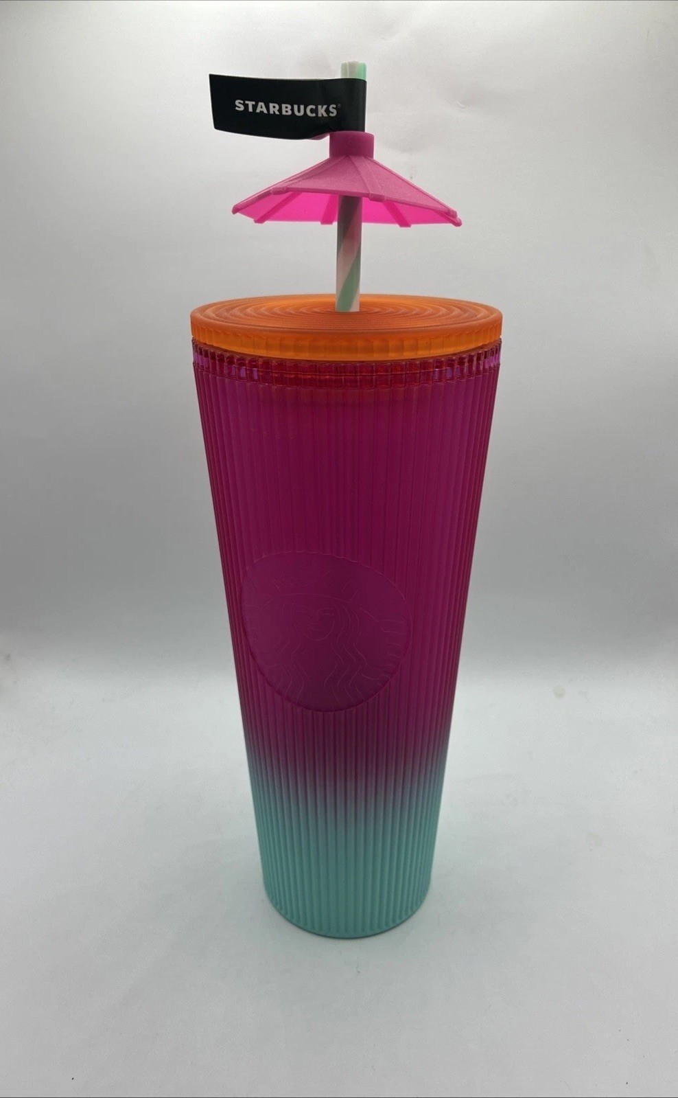 Starbucks 2025 Summer Pleated Pink & Blue Ombré 24oz Tumbler w Umbrella Topper