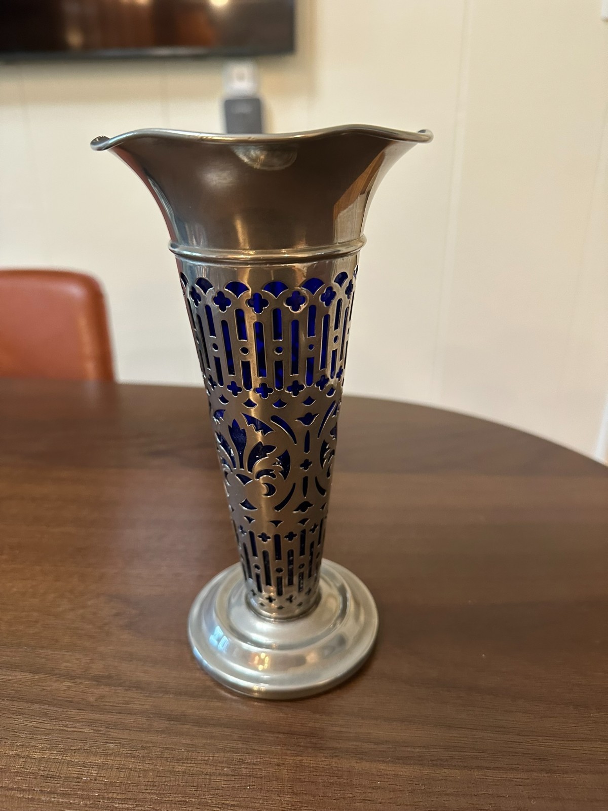 Vintage Godinger UK Silverplate Ornate Vase with Cobalt Blue Glass Insert