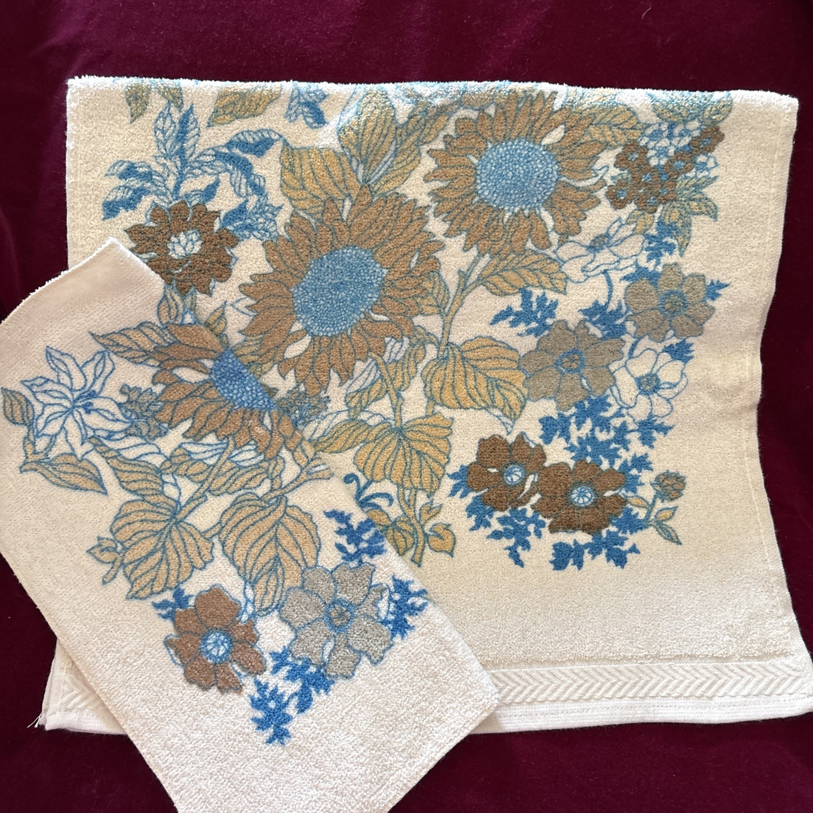 Vintage Cannon ~Royal Family~ Brown/Blue Flower Floral Hand Towel & Wash Cloth