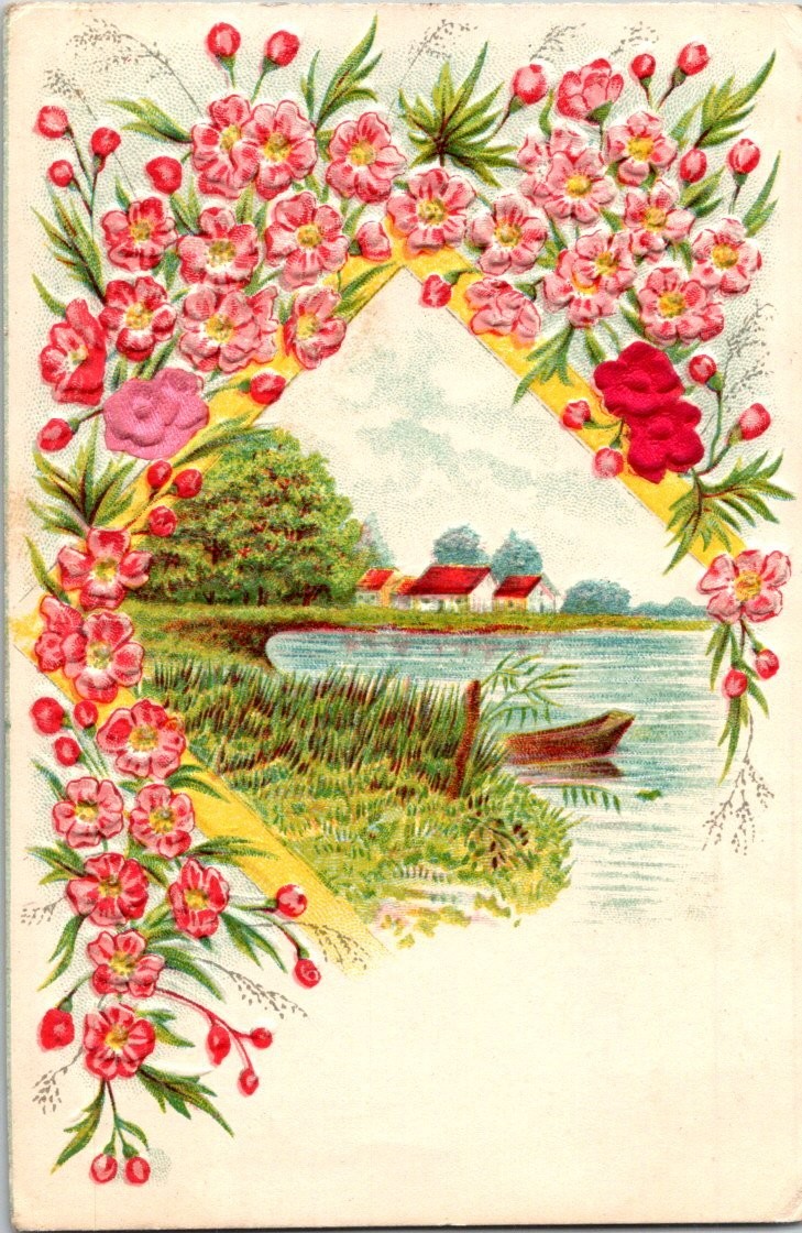 Vintage Embossed Floral Postcard with Scenic Boat and Red Roof Cottages 1912