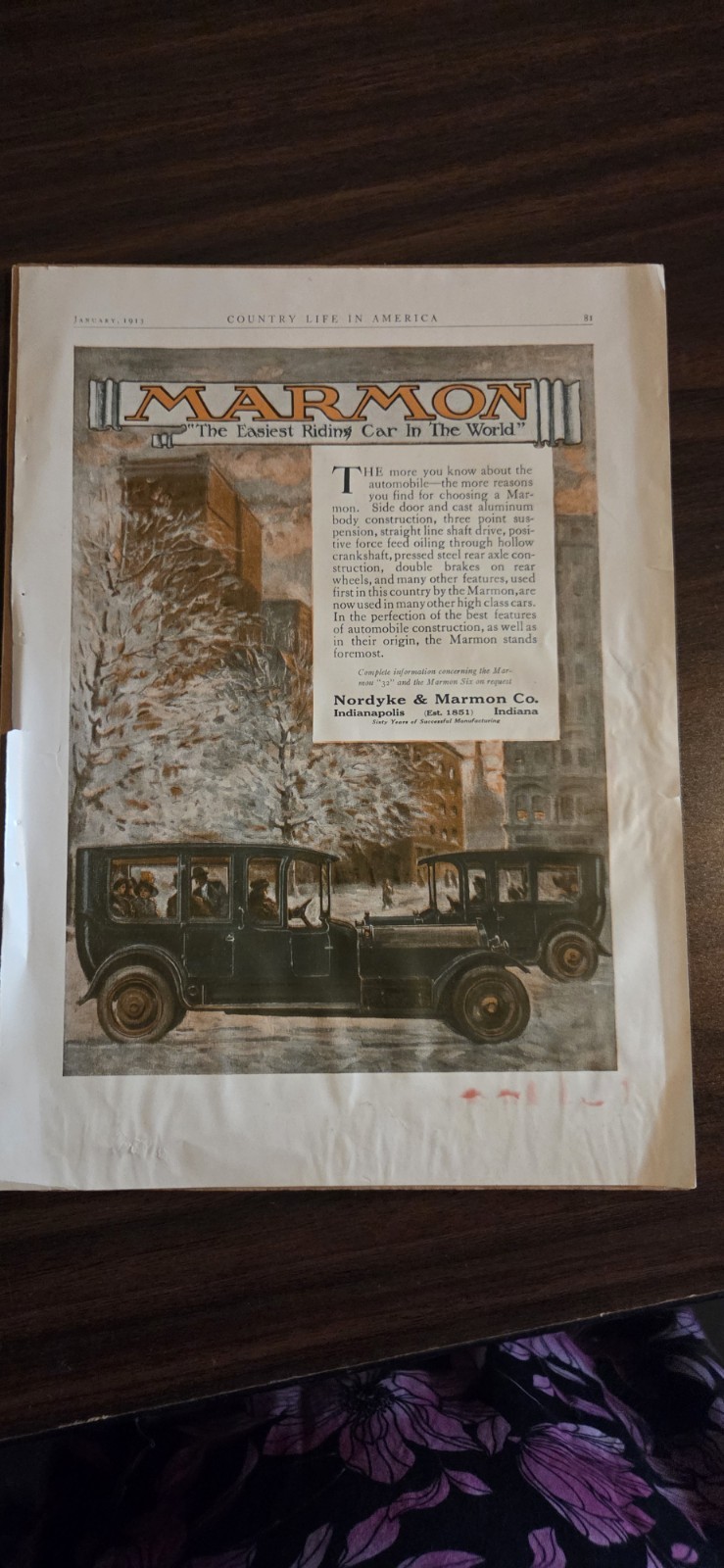 Vintage Marmon Car Advertisement 1913, Art Decor, Antique Car Print