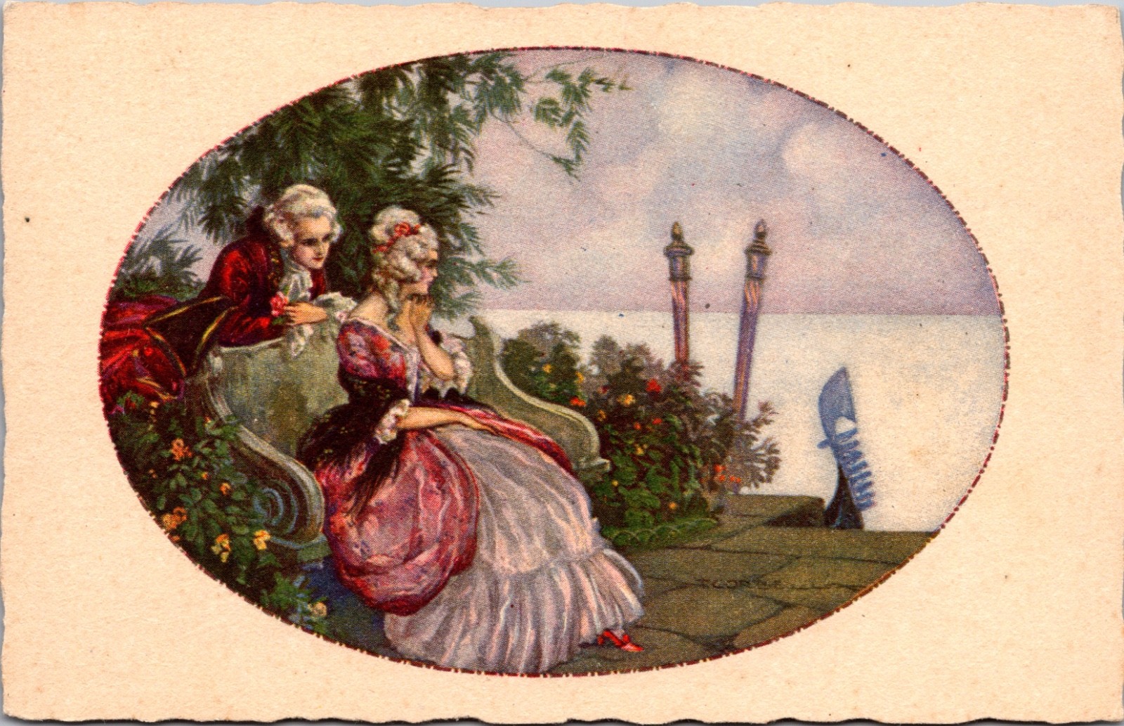 Corbella Art Romantic Couple Garden Terrace Gondola Scenic Postcard