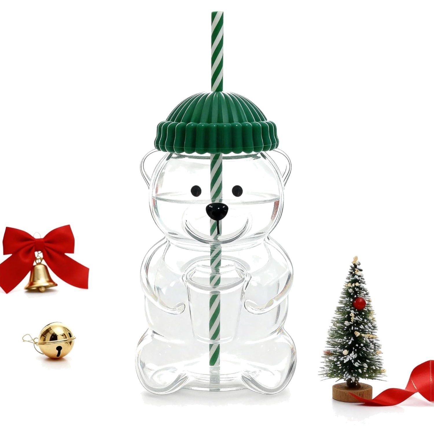 20oz Glass Cup Bear Shape Reusable Tumbler Lid Straw Cold Drinks Green