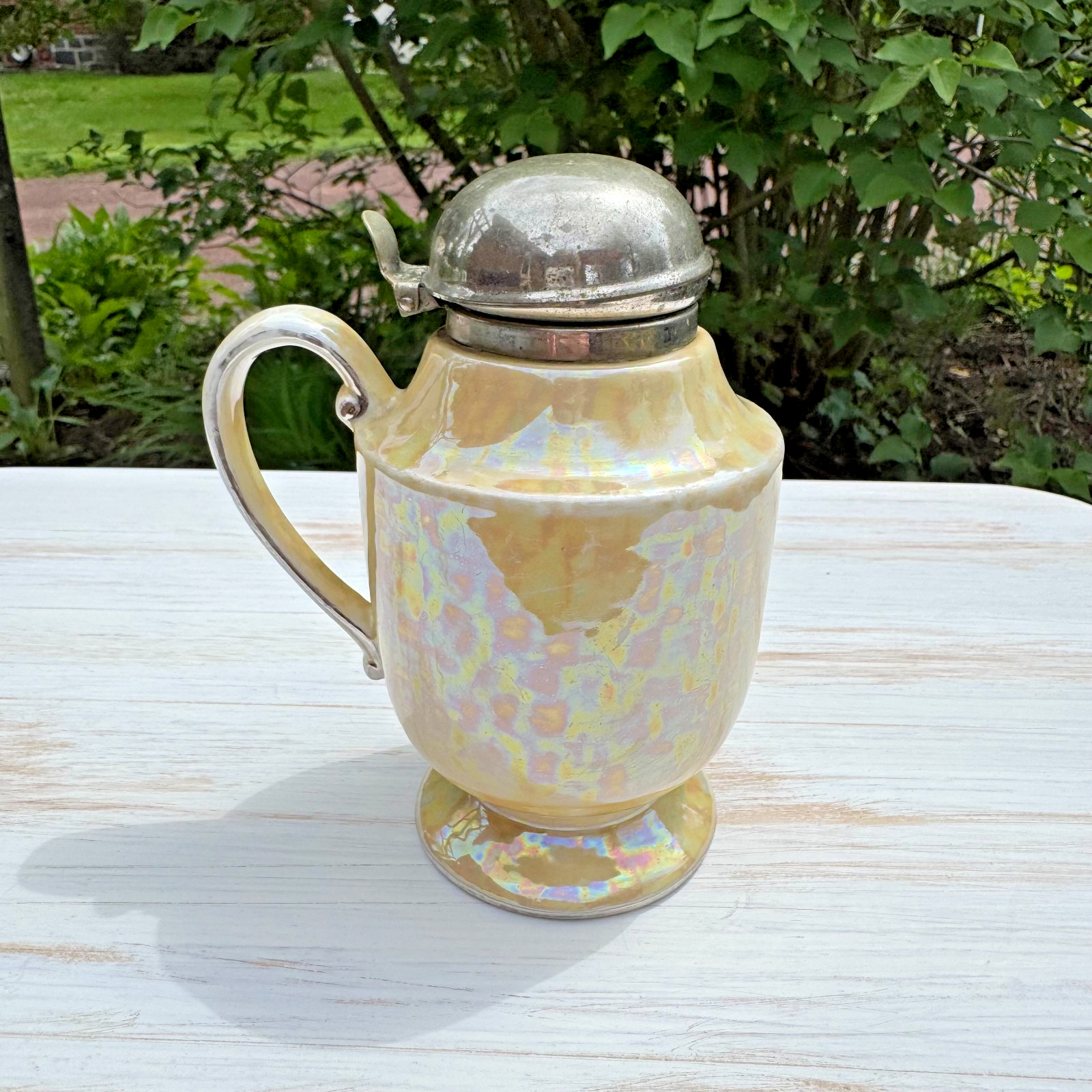 Vintage Fraunfelter Ohio China Iridescent Syrup Pitcher Pewter Flip Top Lid Pear