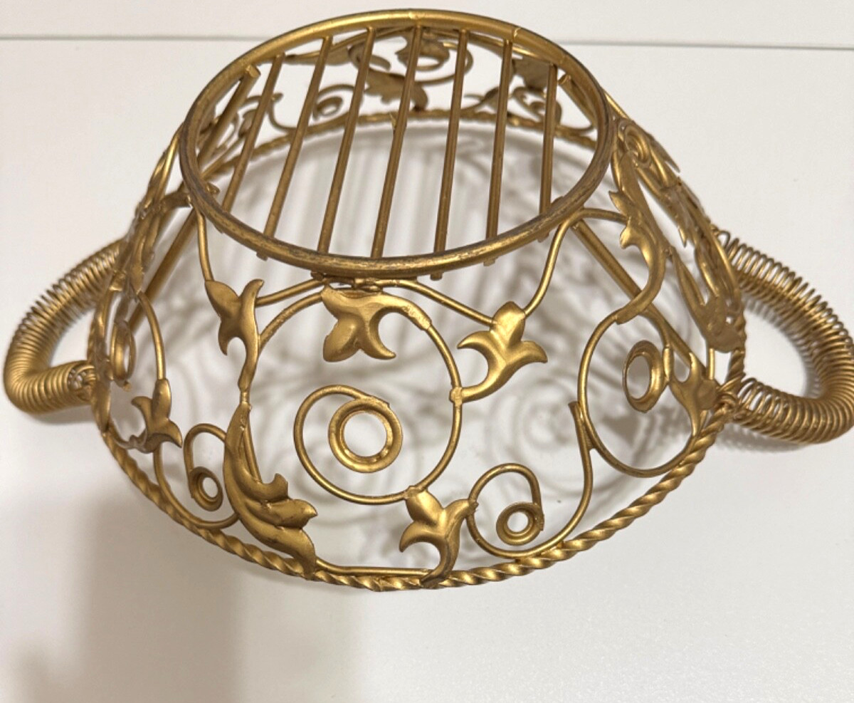 Metal Wire Basket Open Pattern Design 12″ w/Coil Handles 9″ Diameter Gold Tone