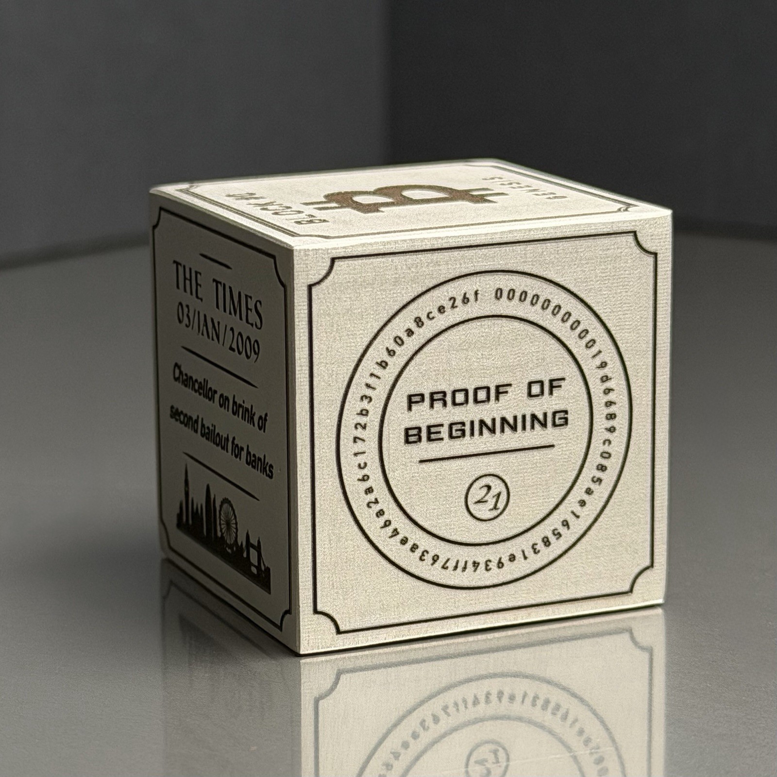 Finite by Design Block Zero | Genesis Block | 35mm Steel Cube | 210,000 SATS