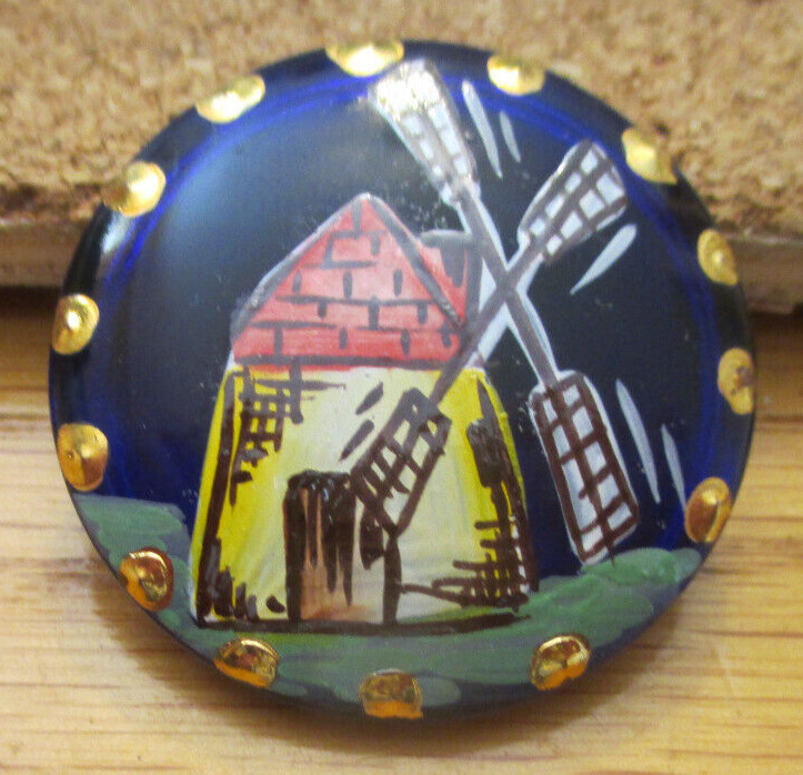 1-Czech Glass Hand Painted Multicolored Dutch Windmill-Dark Blue Button #80