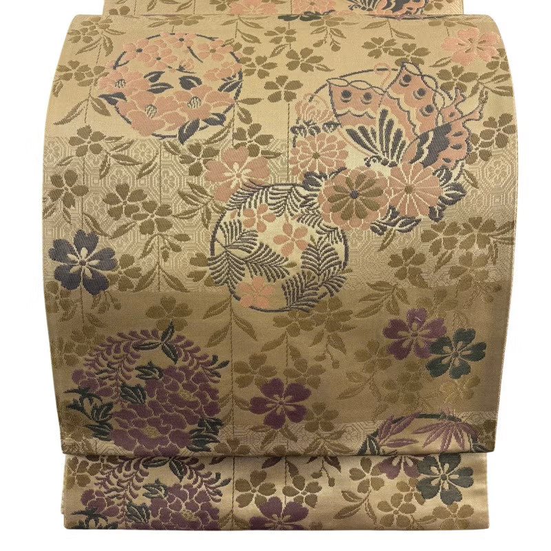 JAPANESE KIMONO BELT FUKURO OBI PURE SILK LIGHT BROWN ROKUTSU-GARA D3522