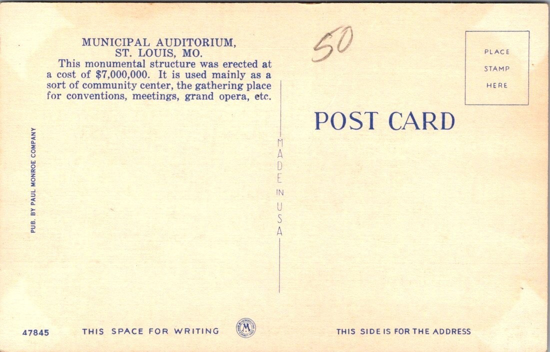 St Louis MO Municipal Auditorium 1930s Downtown View Linen Postcard