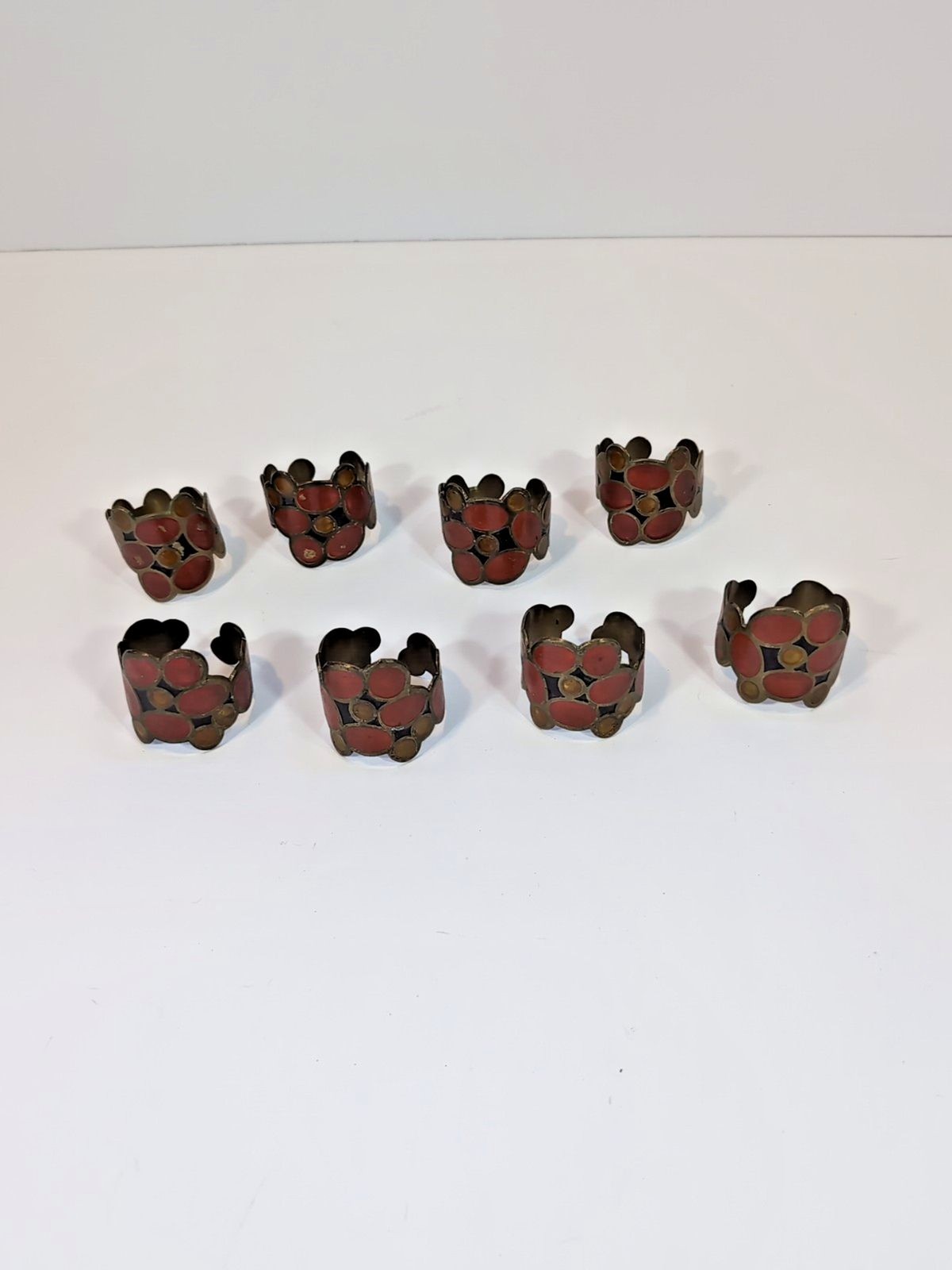 Vintage Brass Enamel Napkin Rings Maximalist MCM Geometric Dots India Set of 8