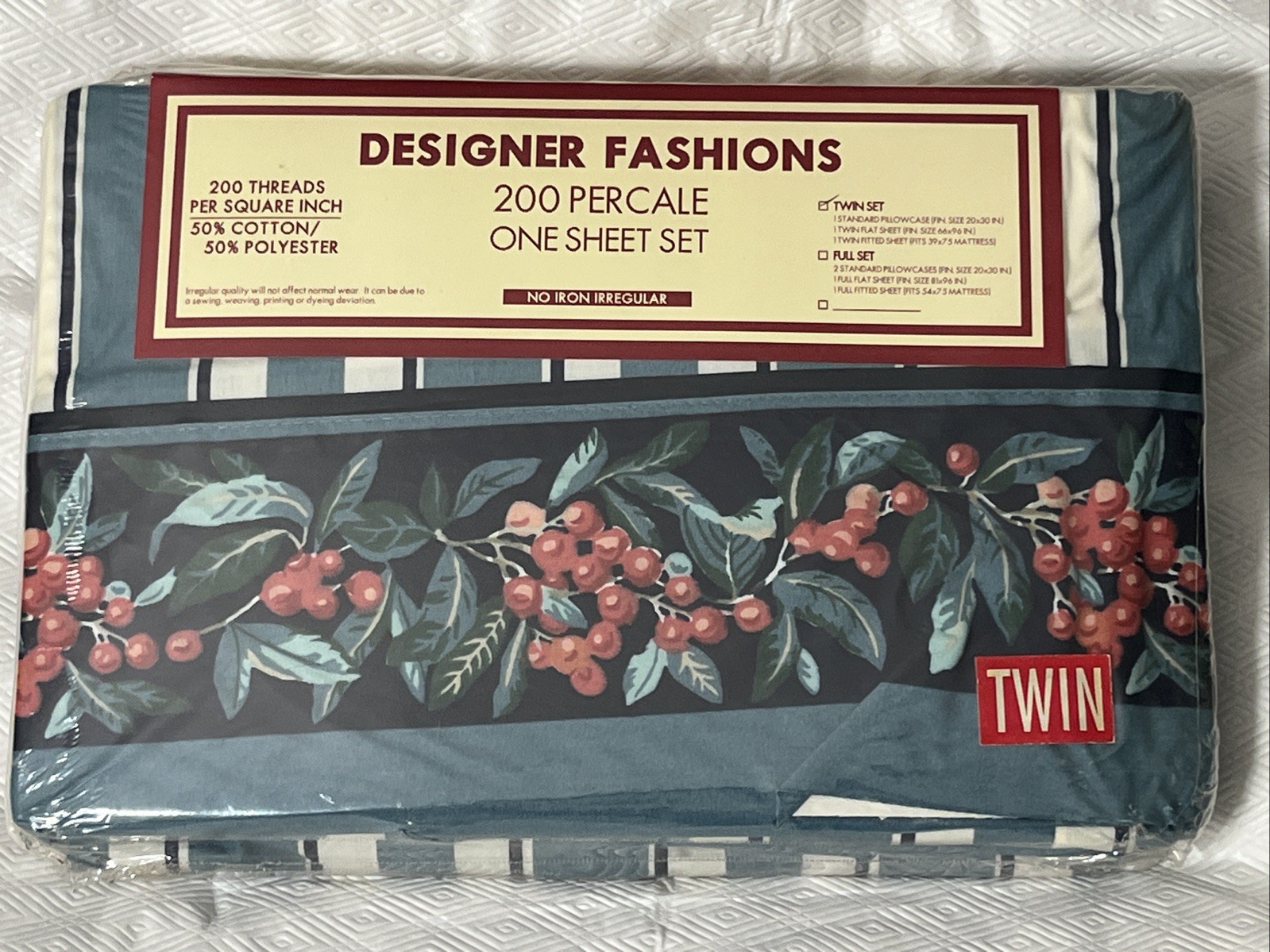 Vtg Revman Designer Fashions Blueberry Twin 200 TC Percale Irregular Sheet Set