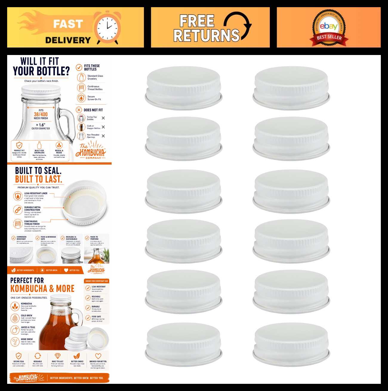 12 Pack Metal Growler Caps for 1-Gallon & 1/2-Gal Glass Jugs – Food Grade, 1.5”