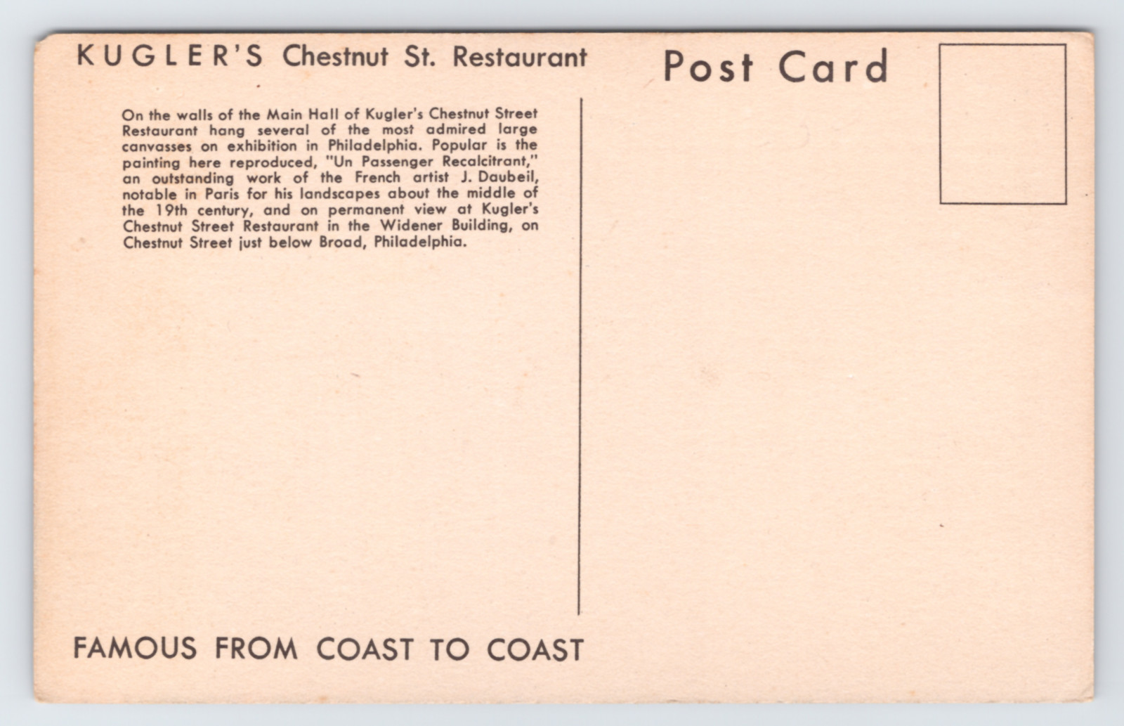 c1940 Kugler’s Restaurant Postcard Philadelphia Un Passager Recalcitrant Art