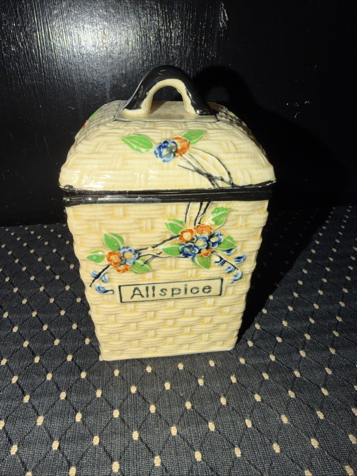 Hotta Yu Shoten Japanese Basketweave Majolica Blossom Allspice Canister 5.25”T