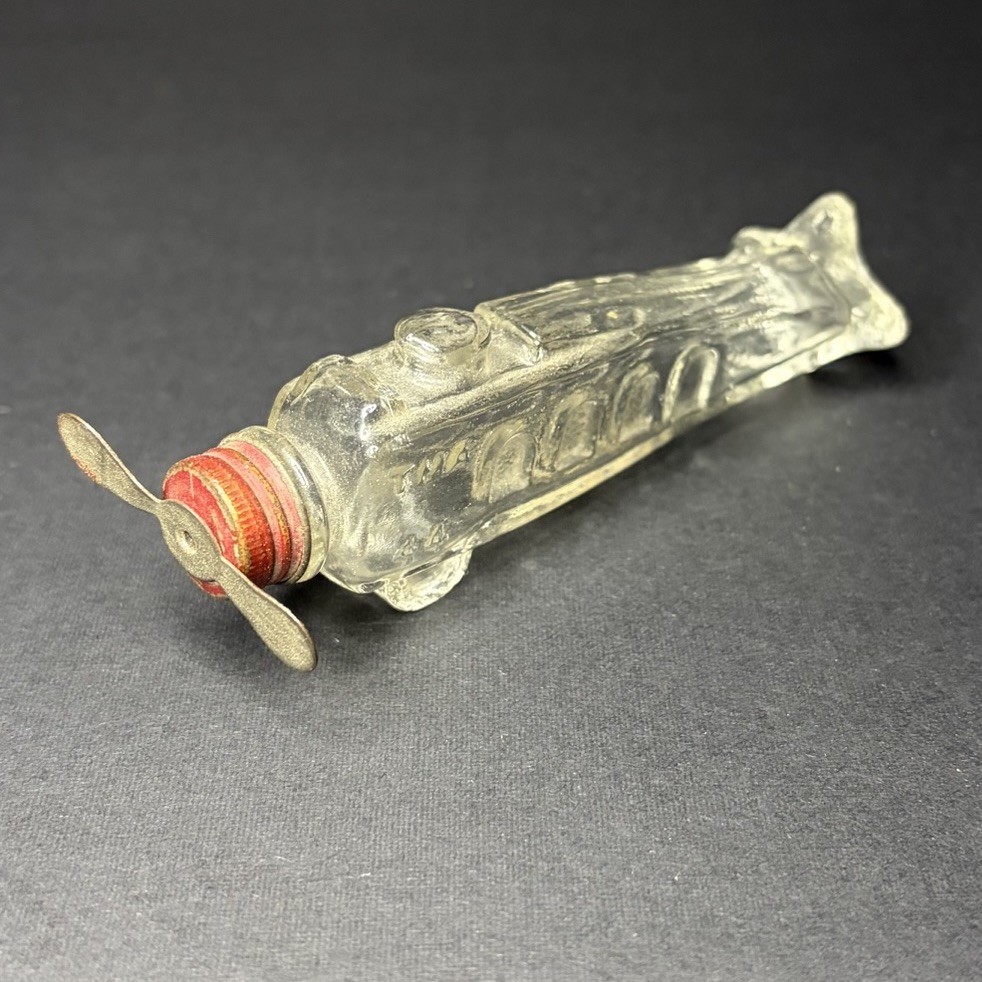 Antique Stough Glass Candy Container ~ TMA 44 Airplane w/ Propeller Screw Top