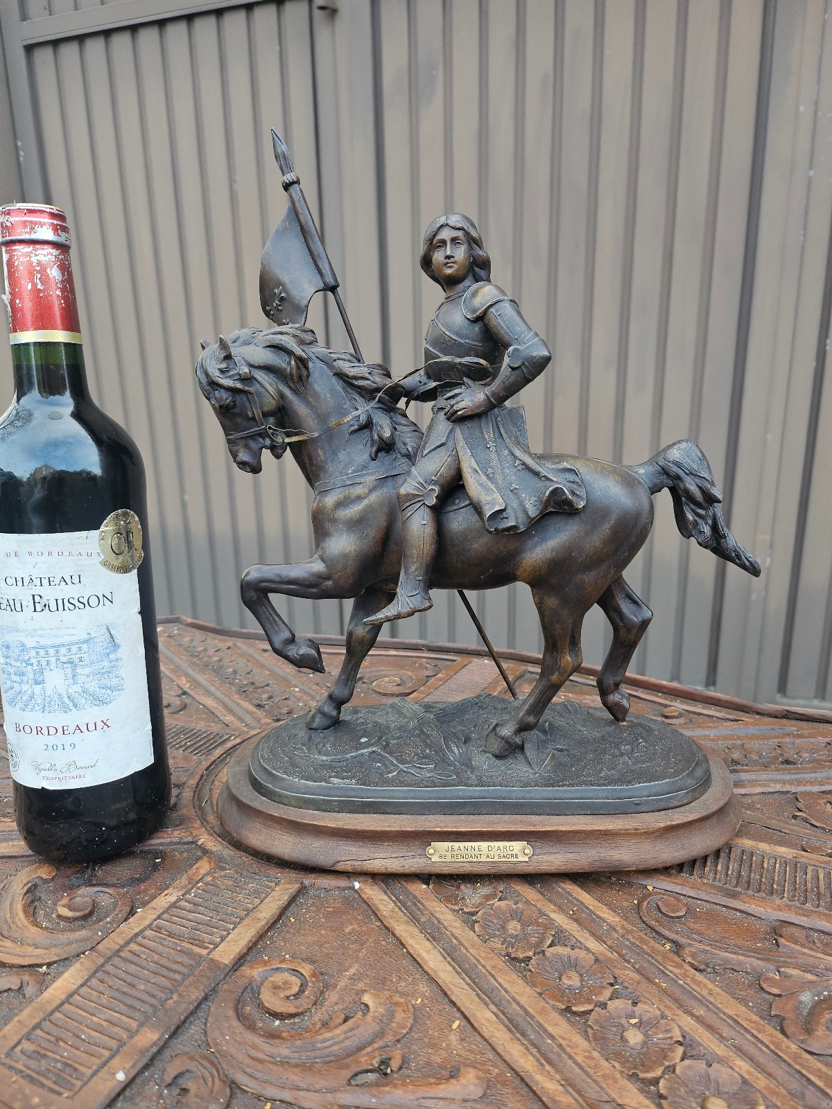Antique spelter bronze patina Saint joan of Arc on horse statue sculpture