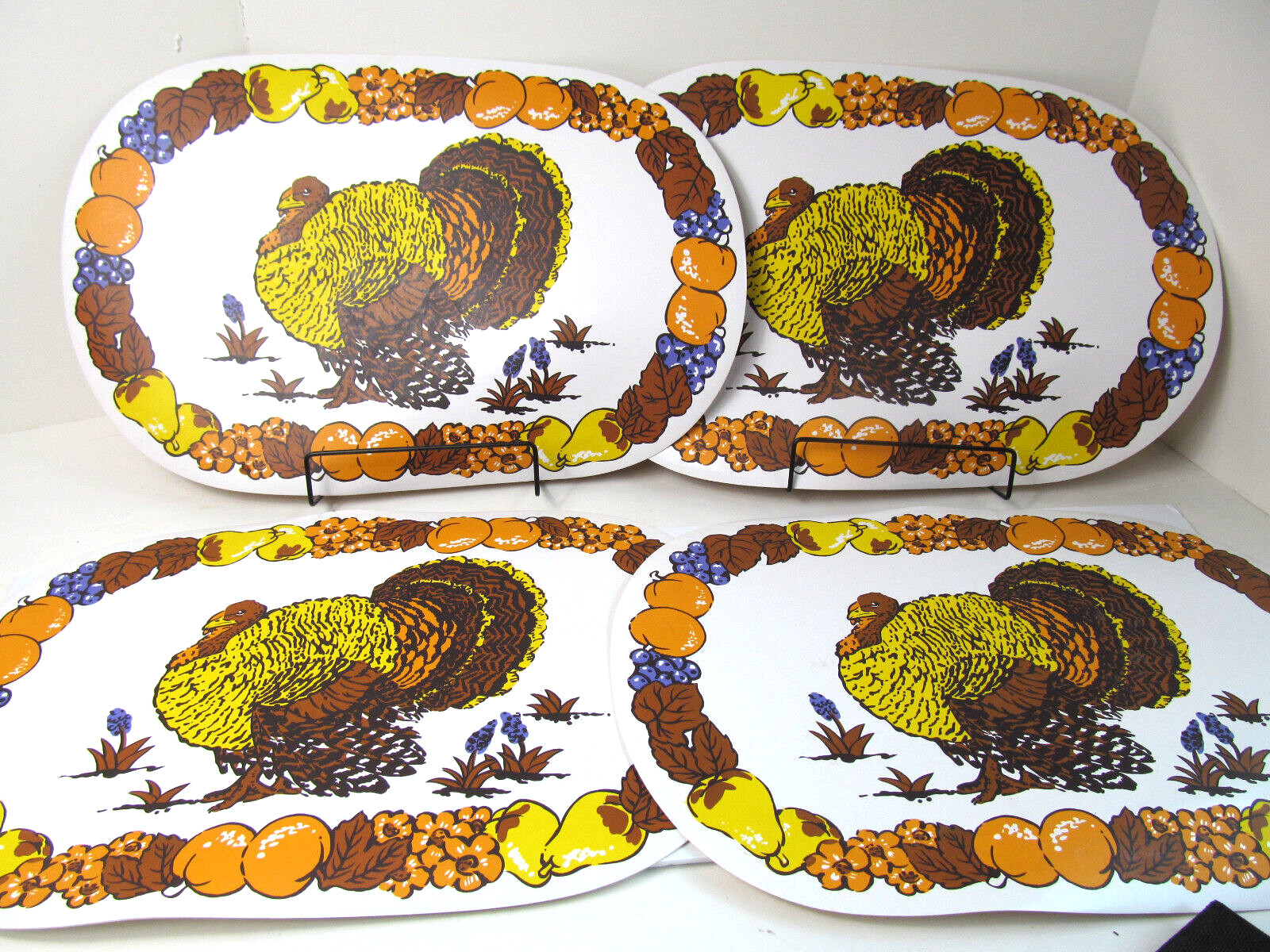 Thanksgiving Placemats Turkey & Fruit Easy Clean Vinyl Vtg Set of 4 Lot C5