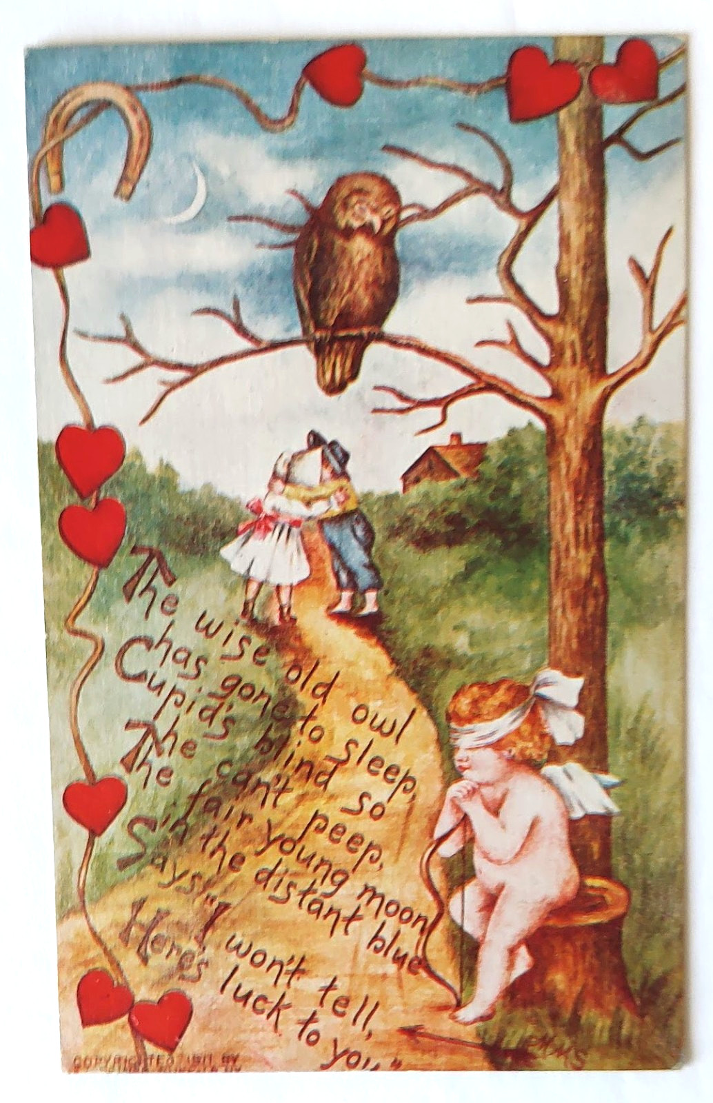 VTG 1916 G K Prince VALENTINE Postcard WISE OLD OWL BLIND CUPID KISSING COUPLE