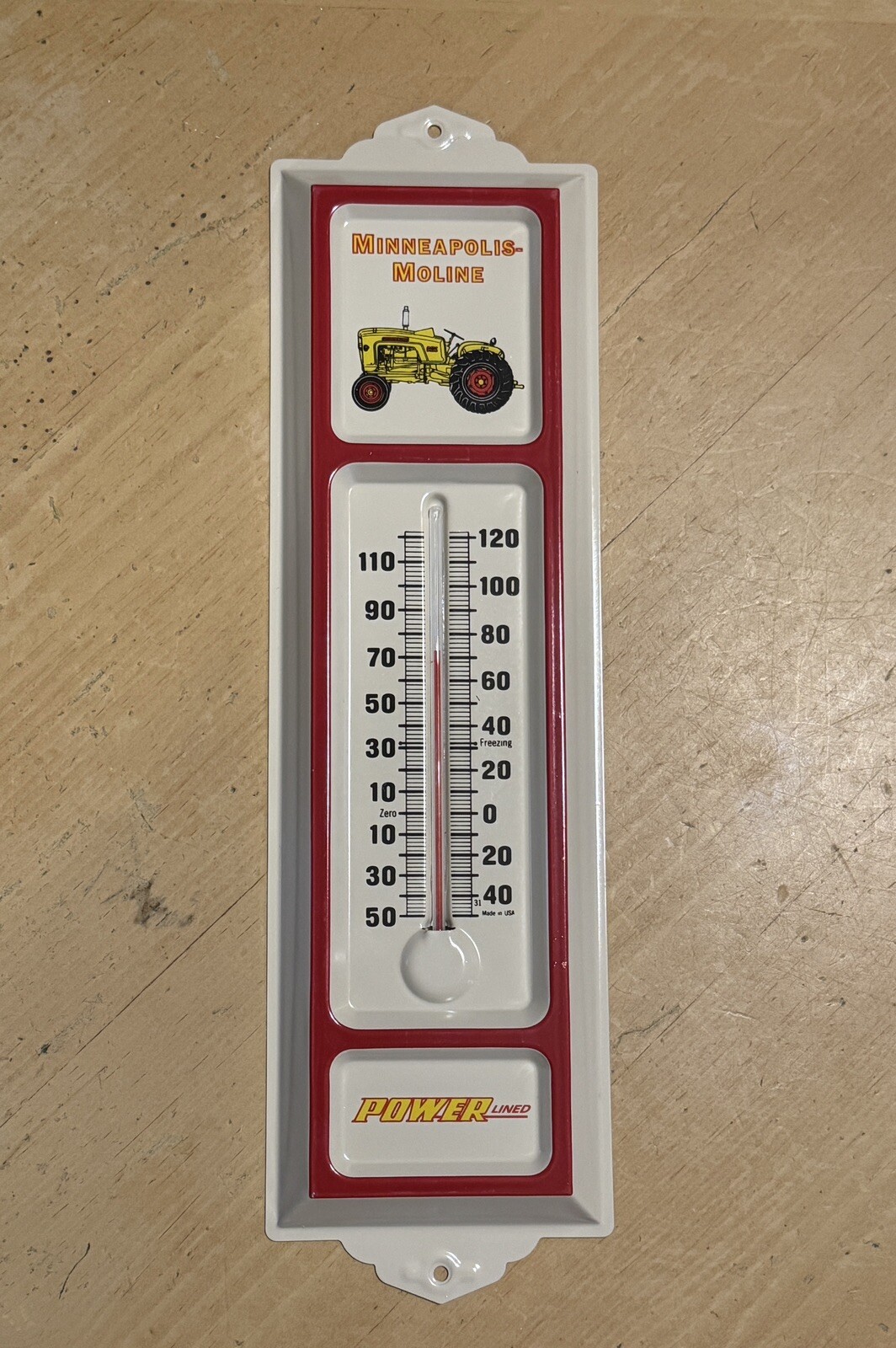 MINNEAPOLIS-MOLINE TRACTOR POWER LINED METAL THERMOMETER USA – All Metal