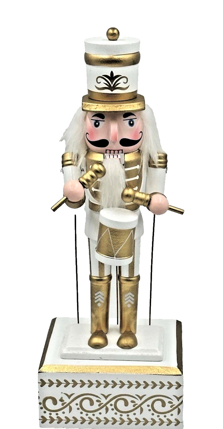 Musical Nutcracker Drummer 14in Gold White Christmas Decor