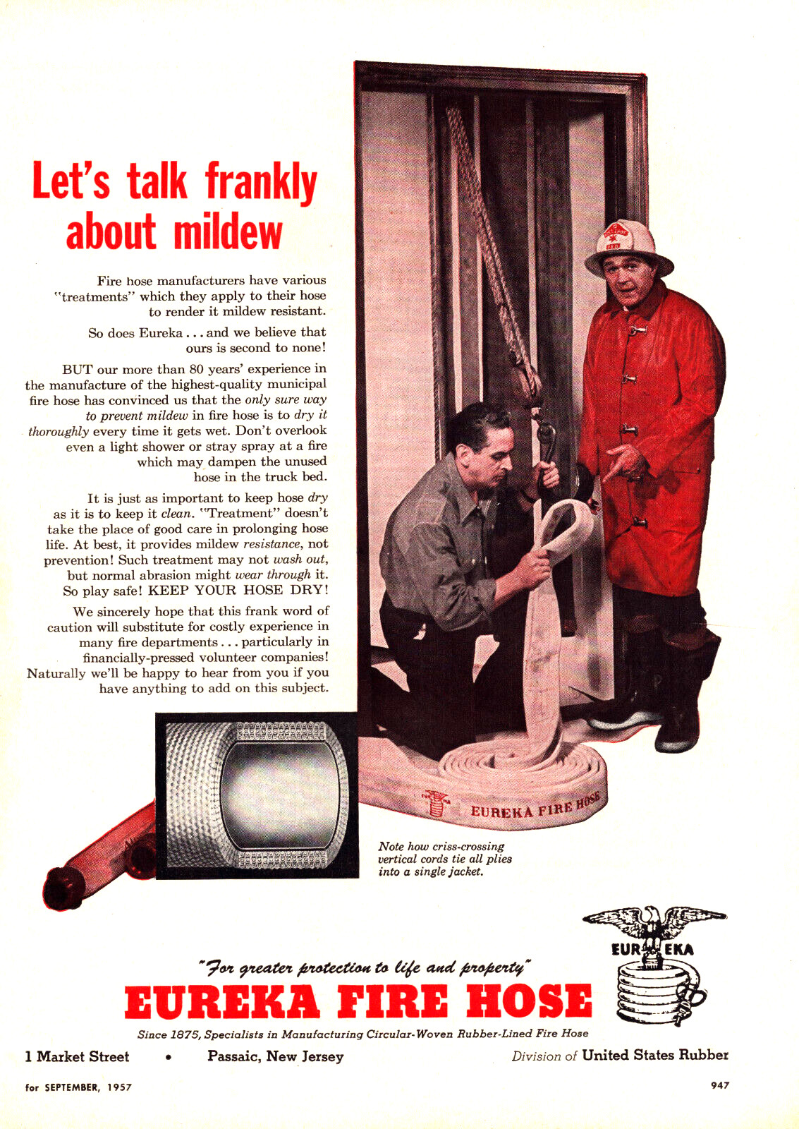 Eureka Fire Hose Passaic NJ Keep Your Hose Dry No Mildew Vintage Print Ad 1957
