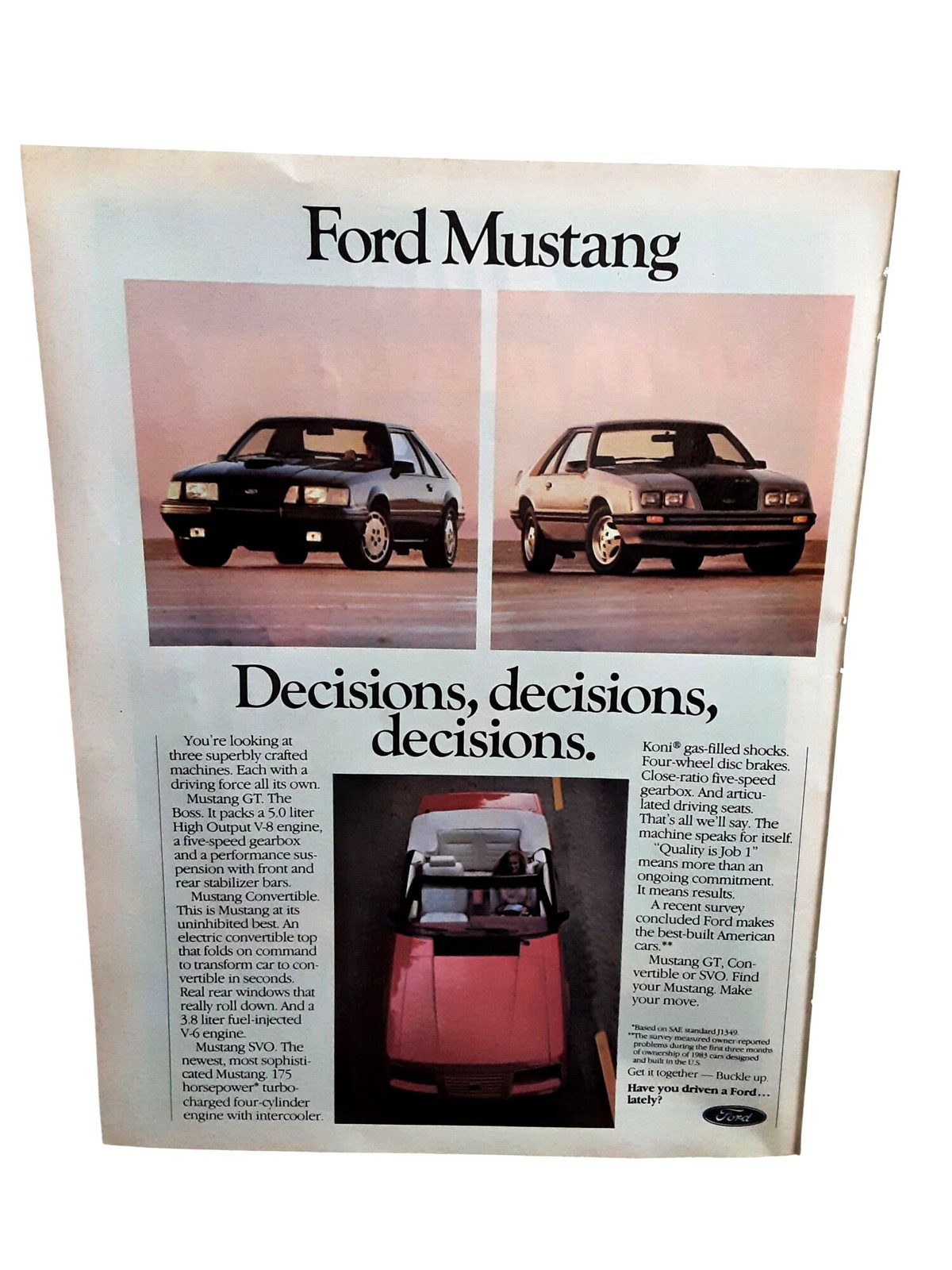 1984 Ford Mustang GT SVO Convertible Vintage Print Ad 5.0L V8 Turbo