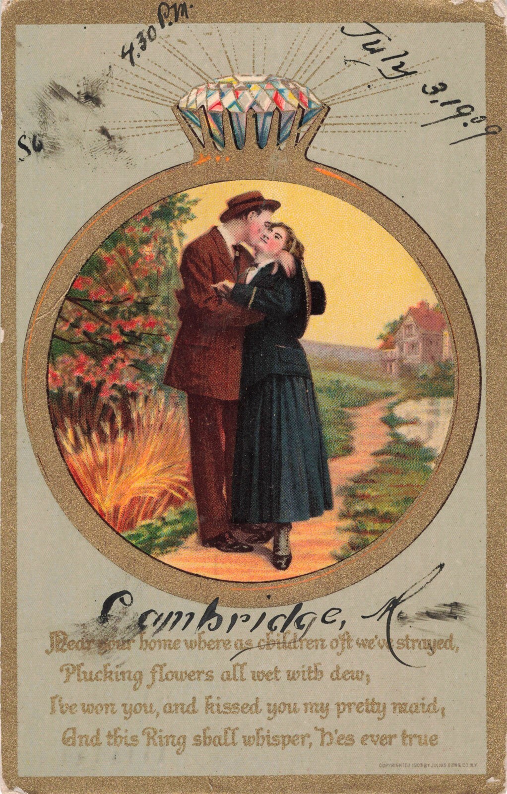 Wedding Engagement Ring Couple Kissing Romance c1909 Postcard D390