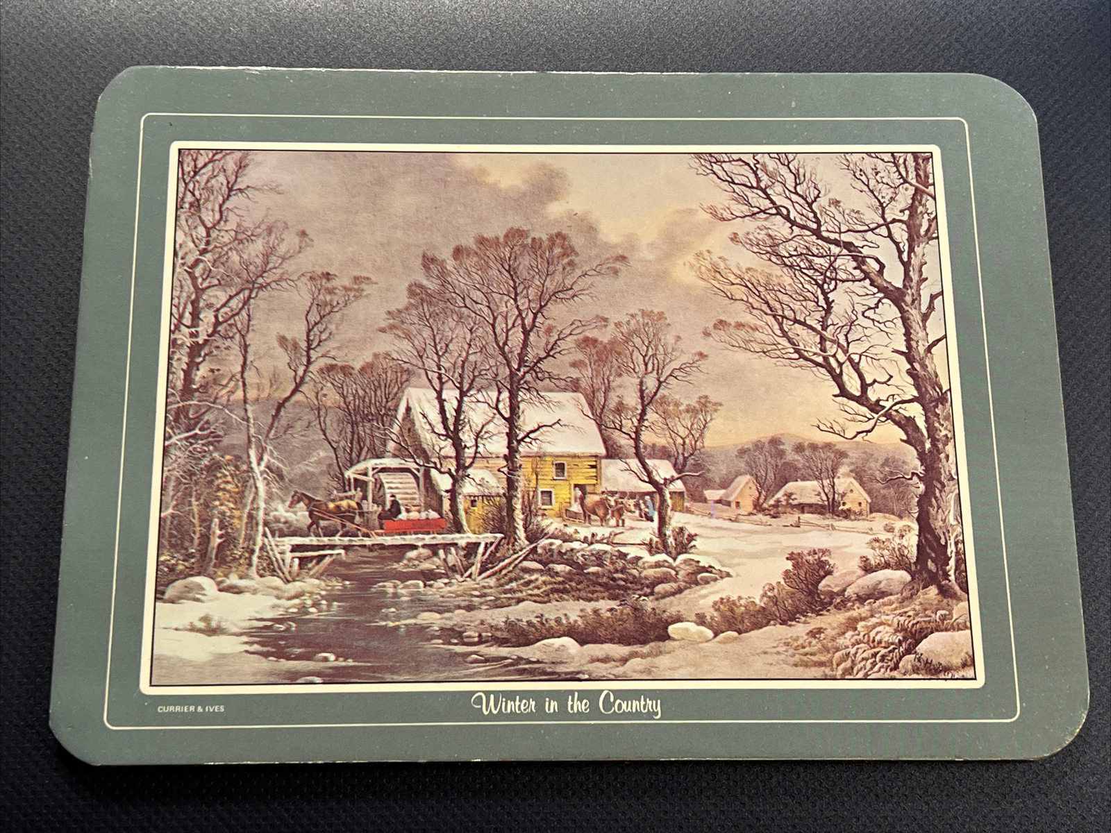Currier & Ives “Winter in the Country” hot plaque, 6.5×8.5, laminate & cork