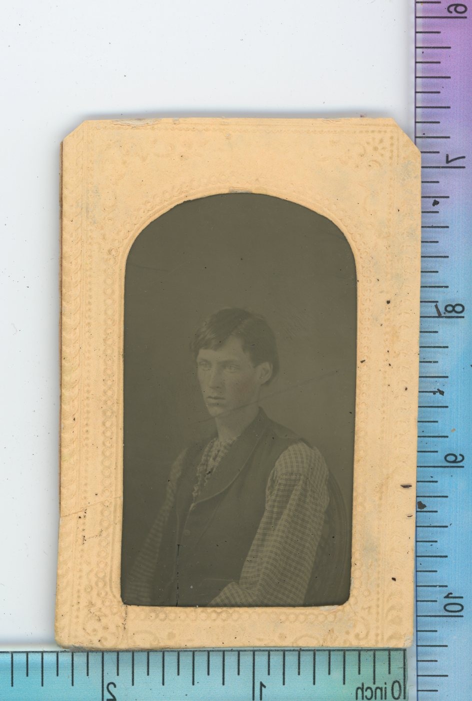 Young Man in Vest with Checked Undershirt Tintype Ferrotype