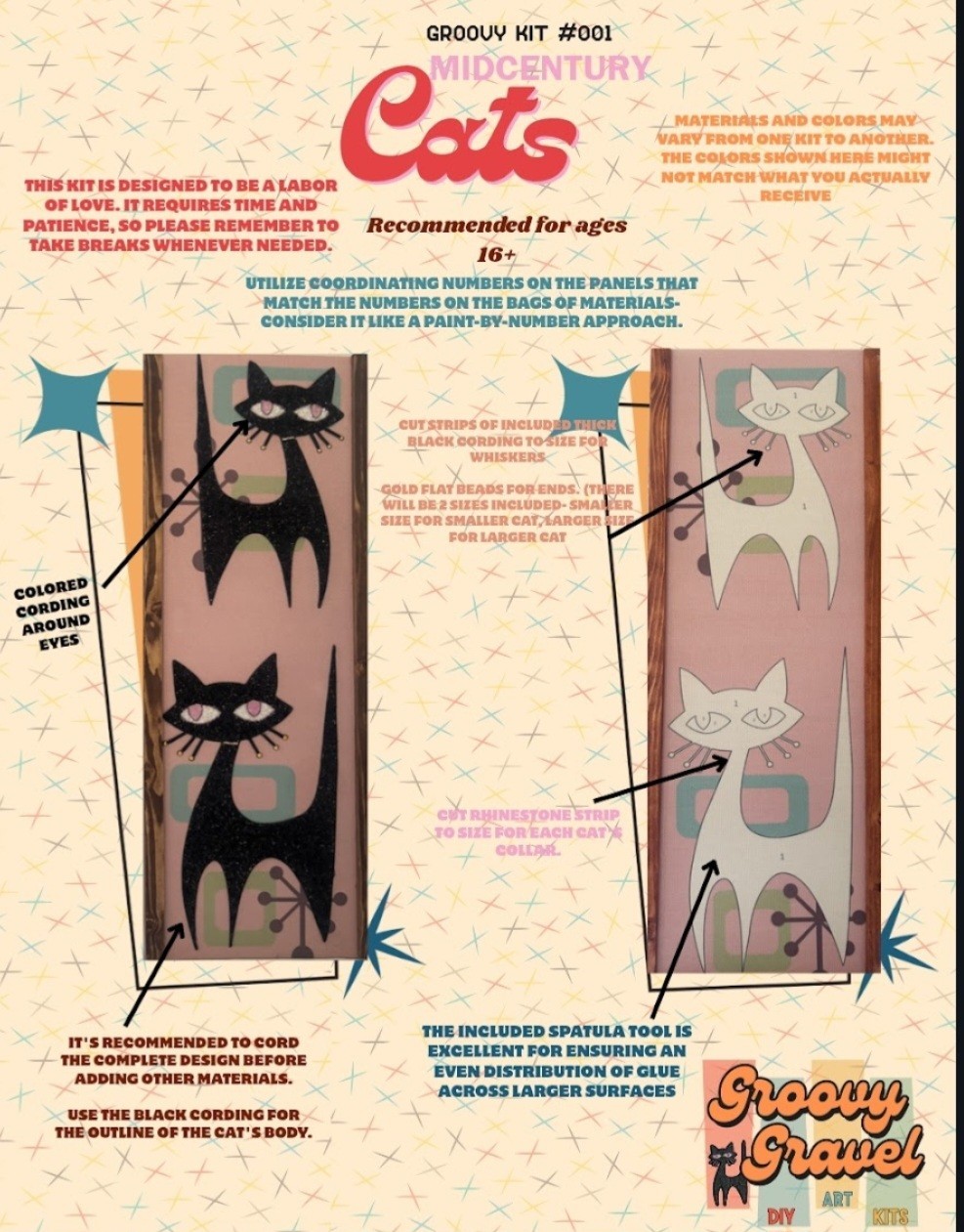 Gravel Art Kit DIY Mid Century Cats New Framed Art Panel 8″x23″