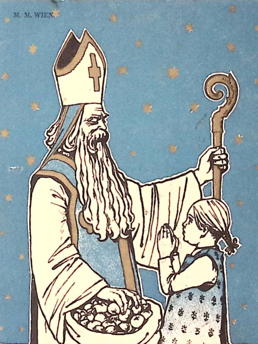 1898 M.M. Wein DUTCH Christmas Postcard Girl Begs Apples Shaggy Beard St Nicolas