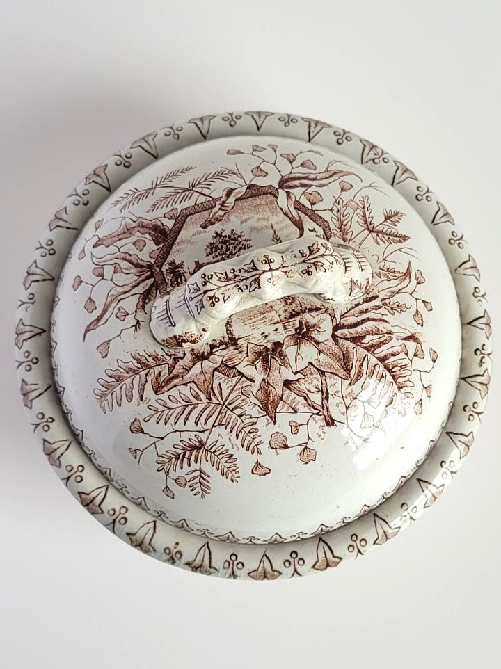 Antique Victorian Brown Transferware Soap Dish w/Lid Alton Pattern W&C Co Hanley