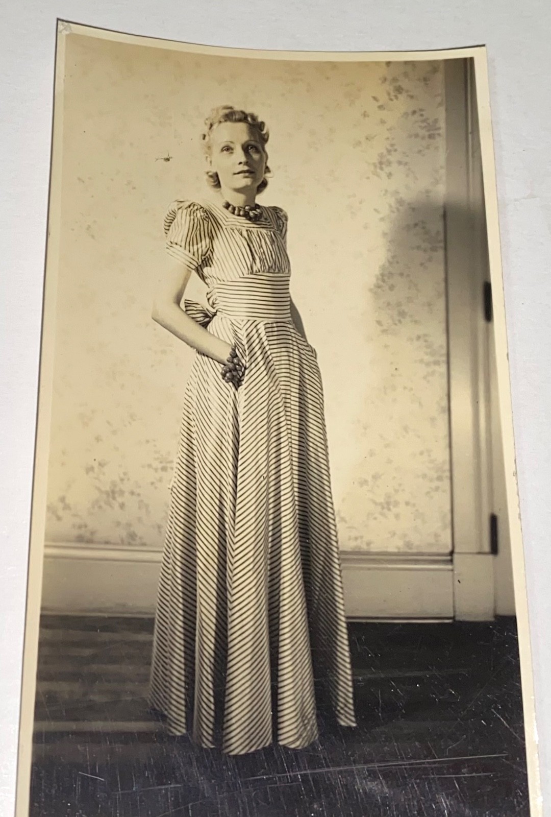 Rare Antique American Fashion Woman Stunning Striped Dress Snapshot Photo! 1941!