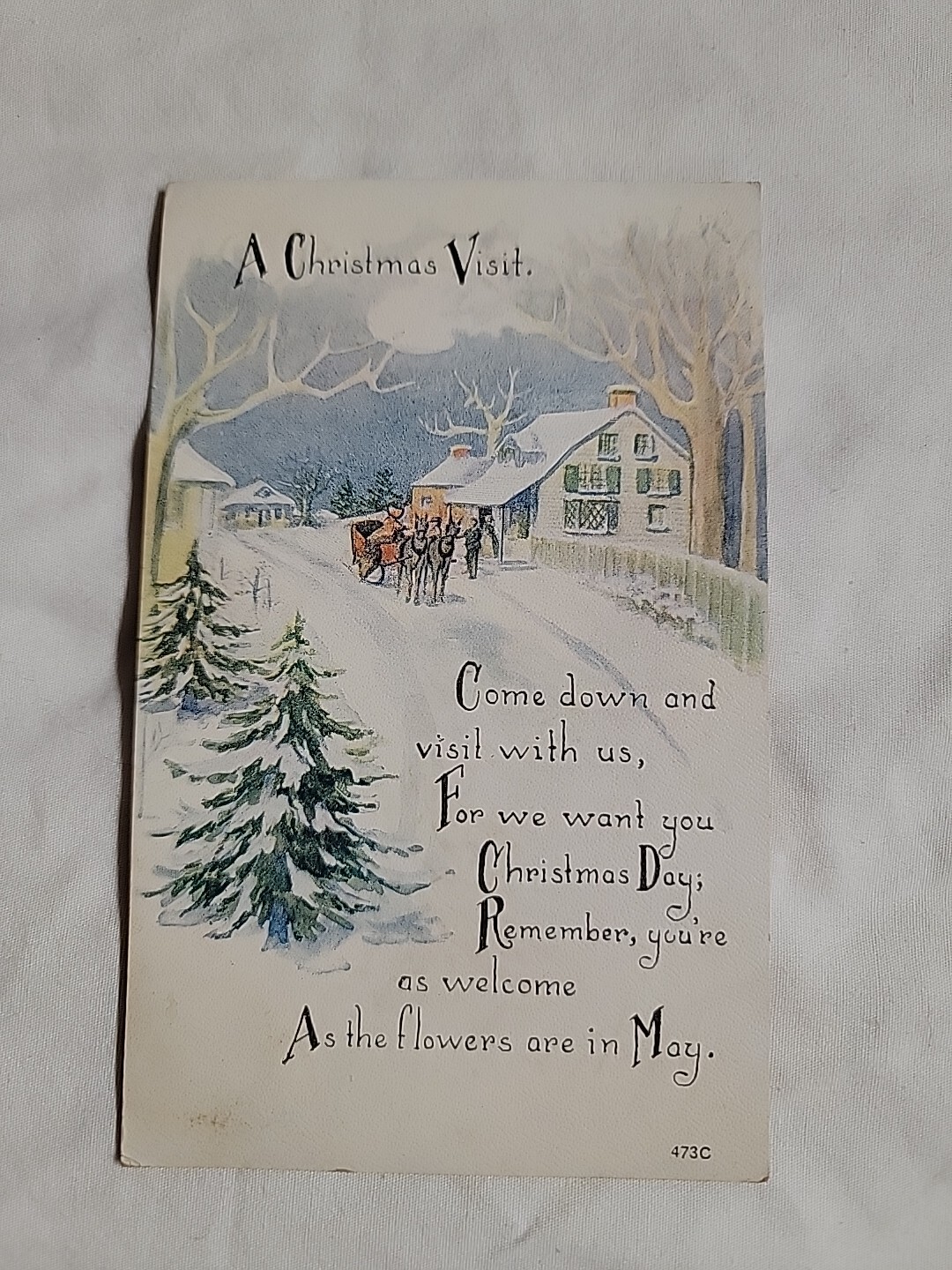 Christmas Visit Winter Village Poem Horse Sleigh Ride Postcard 1916 USA Stamp