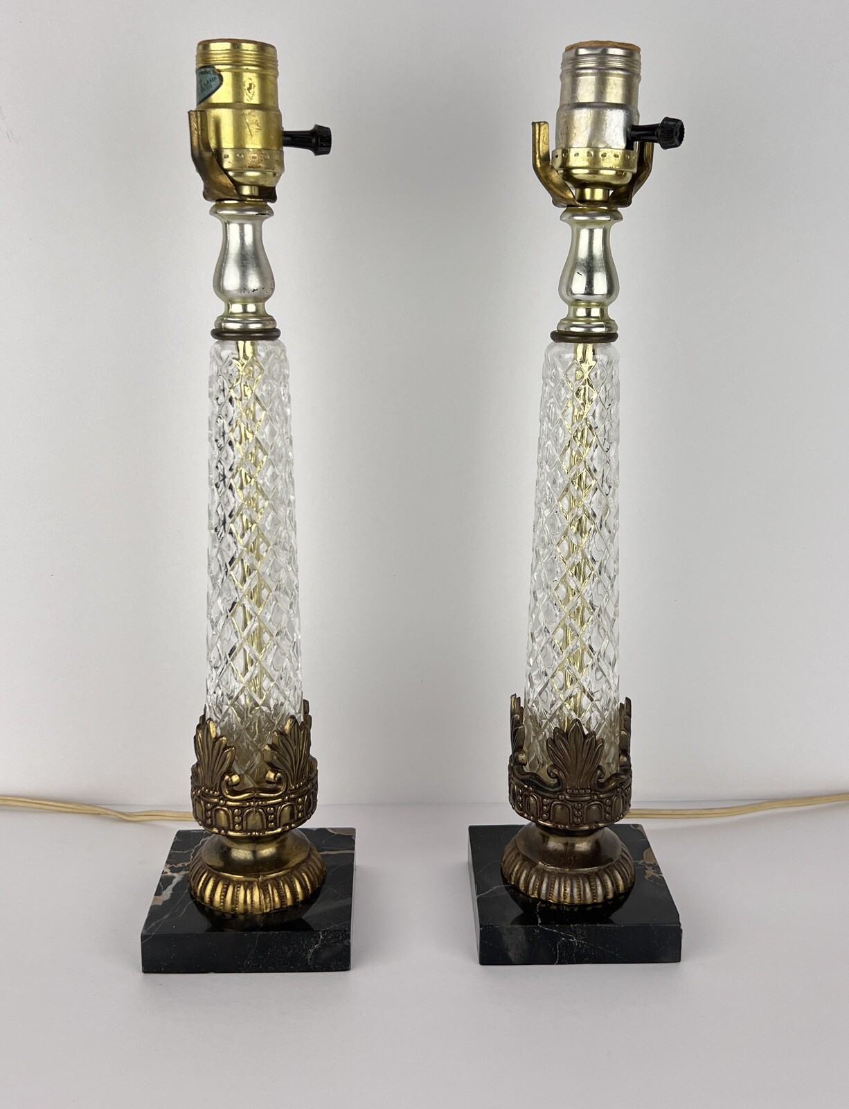 Vtg Lamp Italian Black Marble Glass Columns Neo Classical Pair 15in