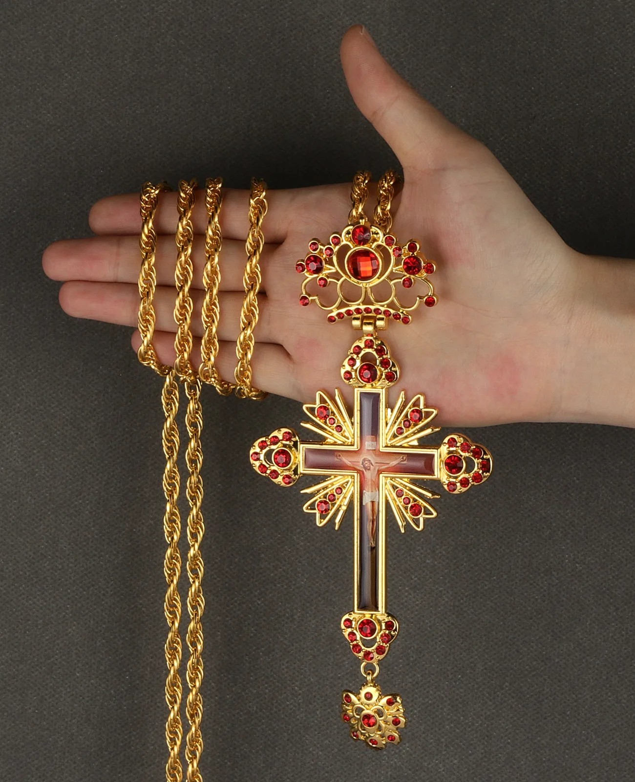 Orthodox Pectoral Cross Crucifix Bishop Necklace Pendant Religious Red Crystal