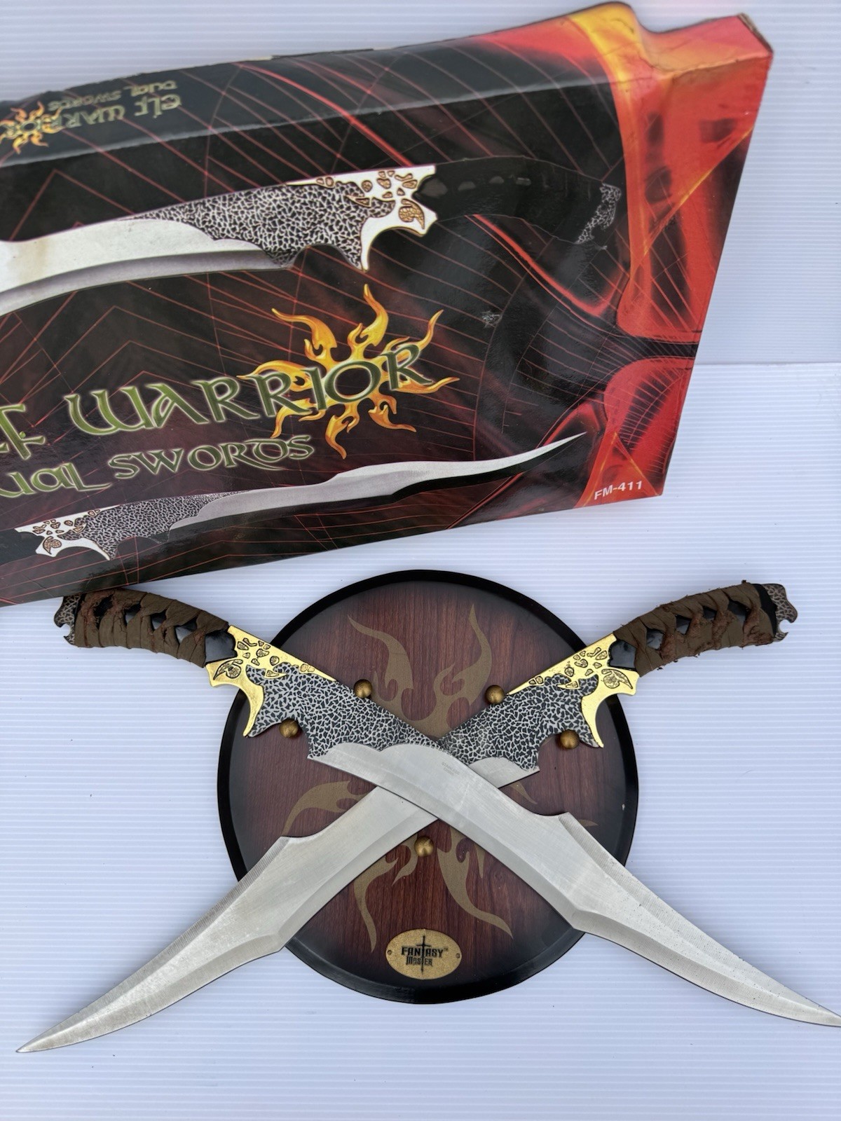 Fantasy Master Elf Warrior Dual Sword Dagger Set, Stainless Steel, Stand