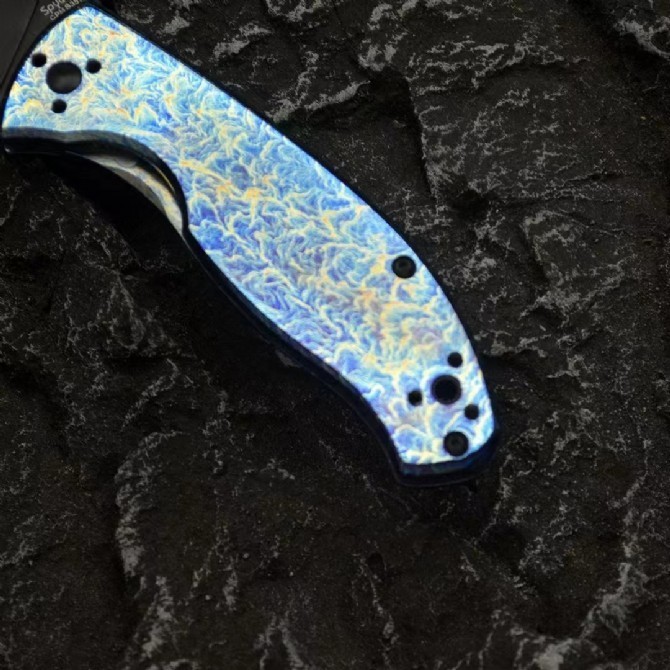 C122 Anodized Custom Blue Titanium Handle Frame Lock Spear Blade Pocket Knife
