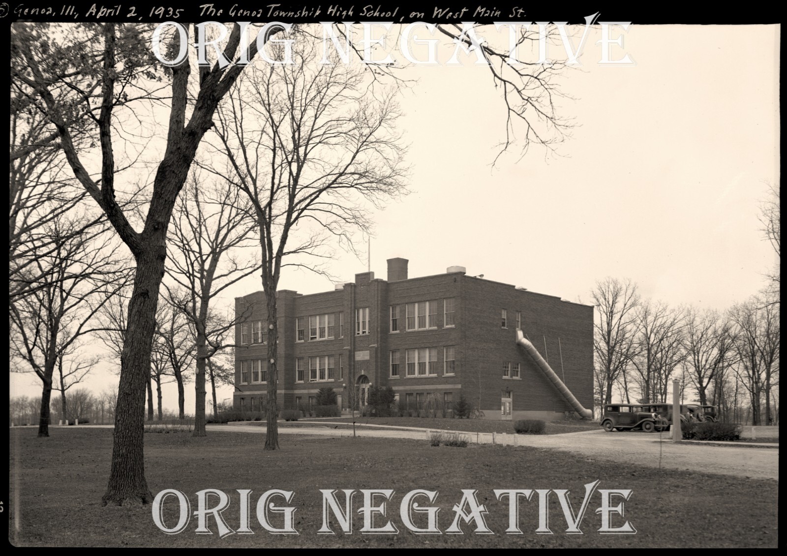 1930s Photo Neg Genoa IL Illinois Genoa Township High School (Now Gone) 5×7 1935