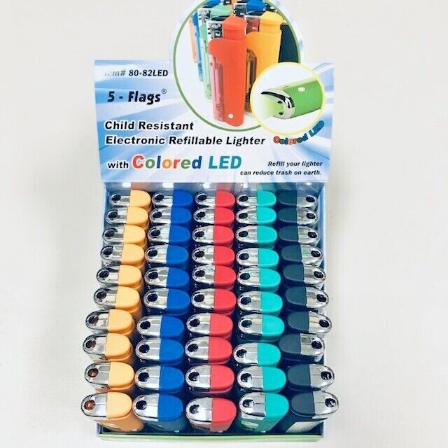 5 Flags LED Lighter Ass. Colors With LED Lighter 10 Pcs Display Box # 80-82 LED