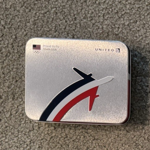 United Airlines ~ Rio Olympics Amenity Tin Box ~ Empty ~ 5 1/4″ x 4 1/4″ Hinged