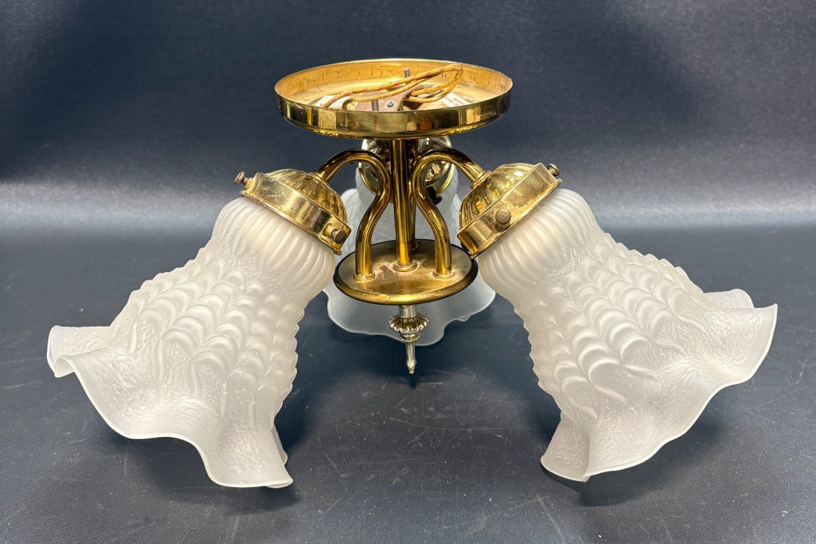 BRASS 3-LIGHT FIXTURE CHANDELIER, FROSTED GLASS TULIP SHADES, UL ISSUE#171,451