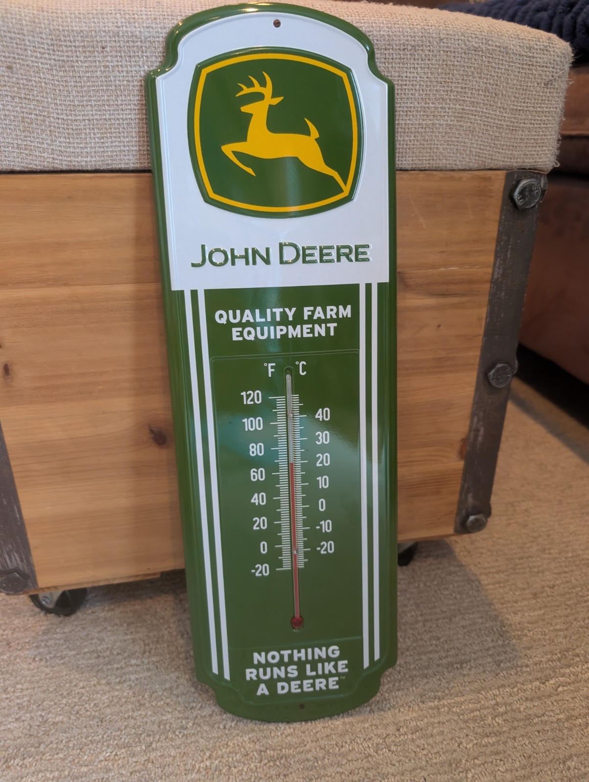 John Deere Farm Tractor Embossed Metal Sign Thermometer 18″x 5.75″ In Plastic