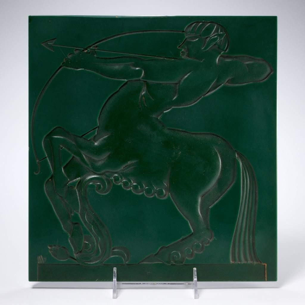 Large Art Deco Bas Relief Sagittarius Centaur Archer Green Plaque Panel 12.25″h