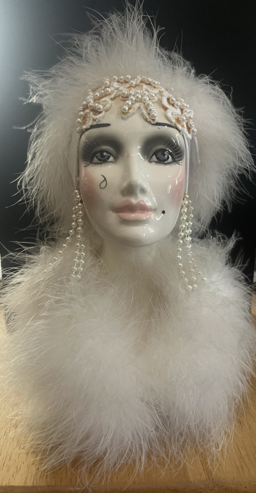 Vintage Art Deco Style Flapper Girl Face Music Box Faux Pearl Feathers 9 in.