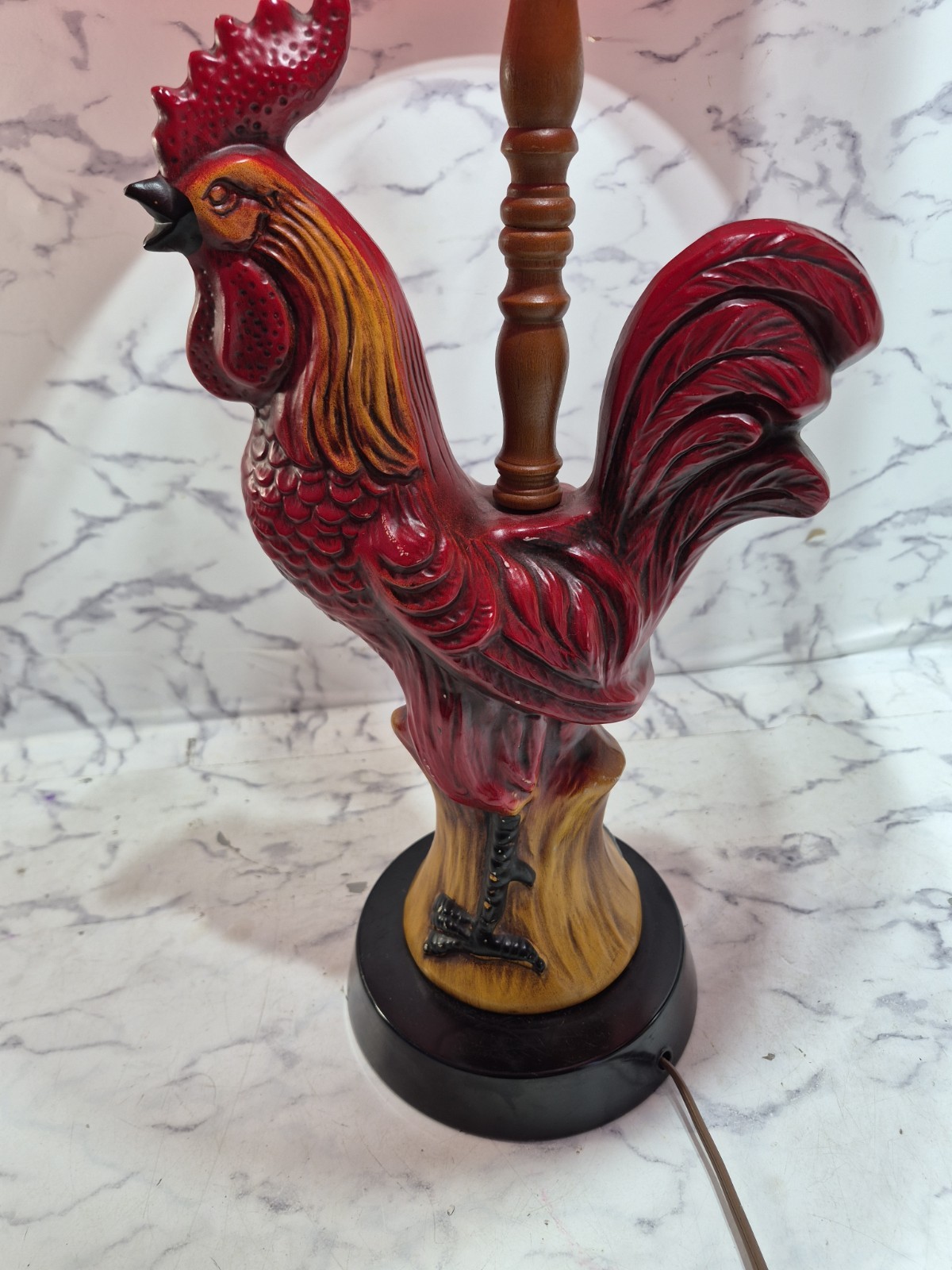 Mcm 1960s Chalkware Rooster Table Lamp Turned Wood Farm Decor