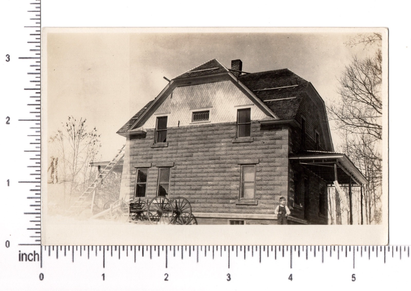 Real Photo Postcard RPPC Rusticated Concrete Block House Home Wagon Boy
